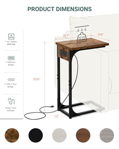 Image of C-Shaped Side Table for Couch - Small Coffee Stand Sofa Tray Desk with Metal Frame Waterproof Scratch Resistant Wood Top and Built-in Charging Station, Rustic Brown