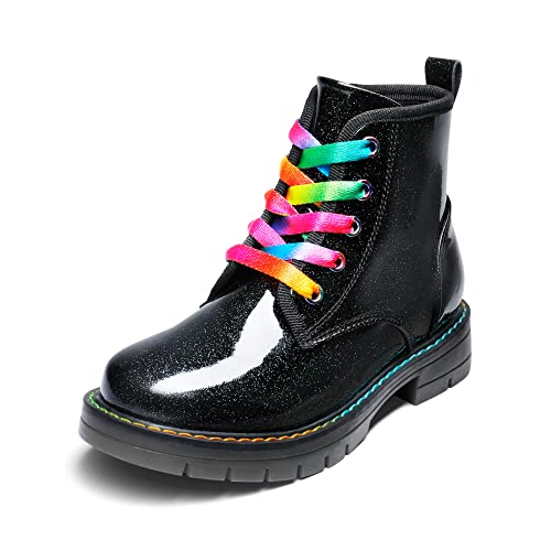 DREAM PAIRS Girls Boys Glitter Ankle Boots Side Zipper Combat Shoes with Lace Up for Toddler/Little Kid/Big Kid 10 Toddler Black/Pu