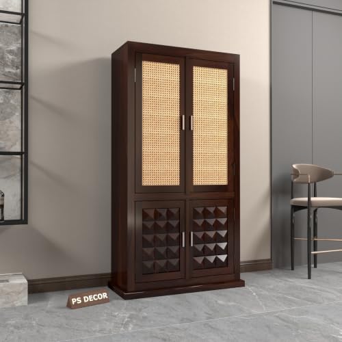 Image of Solid Sheesham Wood Almirah with Cane Doors & Geometric Carved Panels | 4 Door Wooden Wardrobe for Bedroom