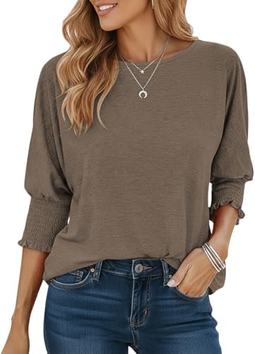 Cuptacc Tshirt Damen 3/4 Ärmel Rundhals Casual Basic Lose Langarmshirt | Gesmokt Stulpe,Dreiviertelarm,Dehnbar,Gestricktes,Mode,Komfort,Weich,Klassisch,Elegante,Bluse,Herbst
