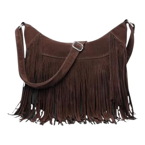 Bolsa Feminina Tote Camurça com Franjas Casual Transversal Bolda de Ombro Tiracolo (Marrom)