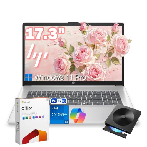 Image of HP 17.3 inch Laptop Computer, Intel 13th 8-Cores i3-N305 Processor, 16GB RAM, 512GB PCI-E SSD, Windows 11 Pro, Free Lifetime MS Office • Copilot AI, 10-Key Number Pad, External DVD Drive, Natural Silver