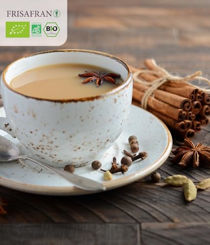 FRISAFRAN | Chai Schwarztee in Großpackung Bio 200g | Antioxidans | Energetisierend | Entzündungshemmend | entkoffeiniert | natürlich | ohne Zusatzstoffe | Gewürztee | Instant Chai Tee Pulvermischung