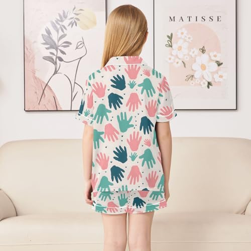 Hand Pattern Summer Satin Pajama Set, Cute Button-Down Sleepwear Pj Set for Sleep Wears4