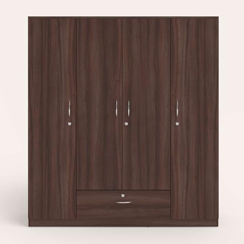 Image of Interio by Godrej Wardrobe EWA 4-Door Engineered Wood Wardrobe for Clothes (Brown), 1-Year Warranty, 8 Shelves, 1 Drawer