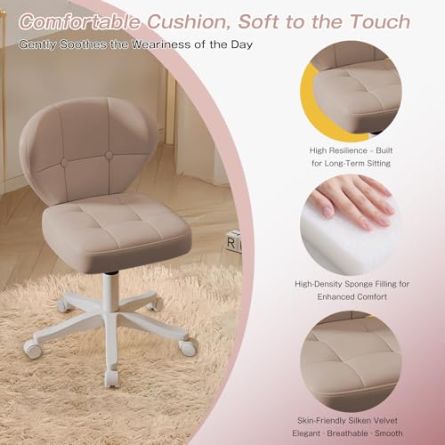 Small Office Chair with Lumbar Support, PU Leather Armless Swivel Desk Chair Adjustable Height, Compact Rolling Chair for Home Office, Bedroom, Study Khaki image 7