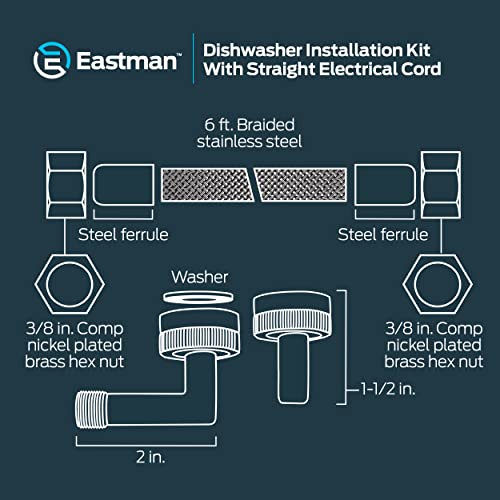 Eastman Dishwasher Installation Kit with Straight Electrical Cord, 3/4 Inch Compression, 3/8 Inch MIP Elbow, 3/4 Inch FHT Elbow, 6 Foot Braided Stainless Steel Dishwasher Connectors, 41150 - Image 7