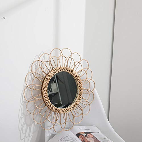 Oypeip 22" Large Rattan B Innovative Art Decoration Round Makeup Mirror Dressing Bedroom Bathroom Wall Hanging Mirrors Craft Photo Props,Glass Decor #TOP3