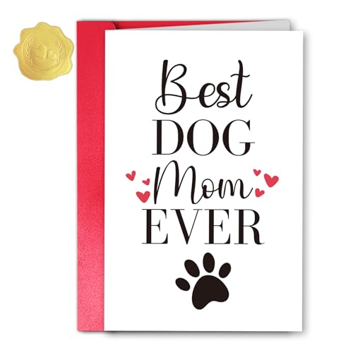 Lcmjjm Best Dog Mom Ever Greeting Card, Funny Fur Mama Birthday Card for Women, Large Blank Note Card from Dog with Red Pearl Envelope and Gold Sticker, Happy Mothers Day Card