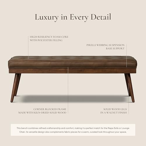 Image of Poly & BARK 55 inch Tufted Leather Bed Bench for Bedroom End of Bed - Living Room Entry Way Bench - Pure Italian Leather Upholstery with a Solid Wood Frame - Ottoman Bench with Wooden Legs - Cocoa Brown