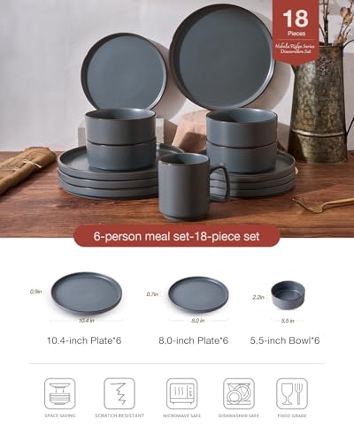 Image of Famiware Nebula Ridge Stoneware Dinnerware Sets for 6, Plates and Bowls Sets, 18 Pieces Dishes Set, Microwave and Dishwasher Safe Kitchen Plates, Charcoal