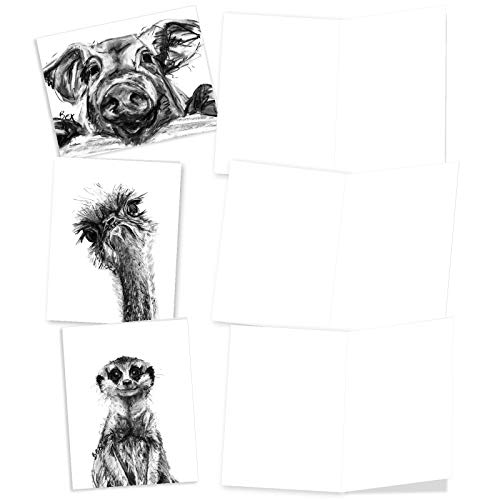 The Best Card Company - 10 Assorted Blank All Occasions Notecards Boxed Set 4 X 5.12 Inch With Envelopes (10 Designs, 1 Each) Boxed Assorted Kid Cards Of Pets - Charcoal Animals M2956Ocb #TOP2
