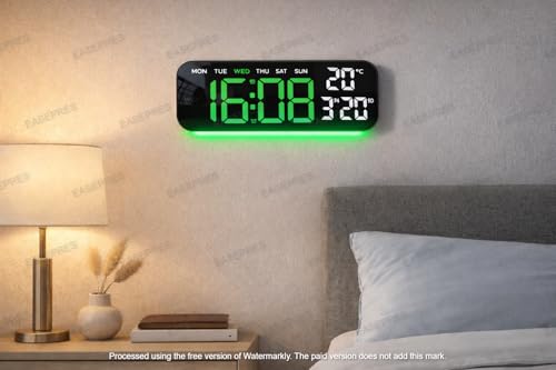 Image of EASEPRES Digital Wall & Table Clock, RGB Bottom Light, Type-C Charging, Dual Alarm, Date, Day & Temperature Display, 12 /24 Hour Format, for Bedroom, Table, Home,Office (Green, 10 inch)