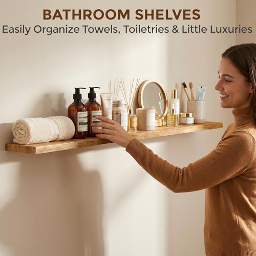 Image of Dreamland 72 Inch Floating Shelves for Wall, Solid Elm Wood Live Edge Wall Shelves for Living Room, Bedroom, Kitchen, Bathroom, Wall Mounted Long Floating Shelf Set of 1, Natural