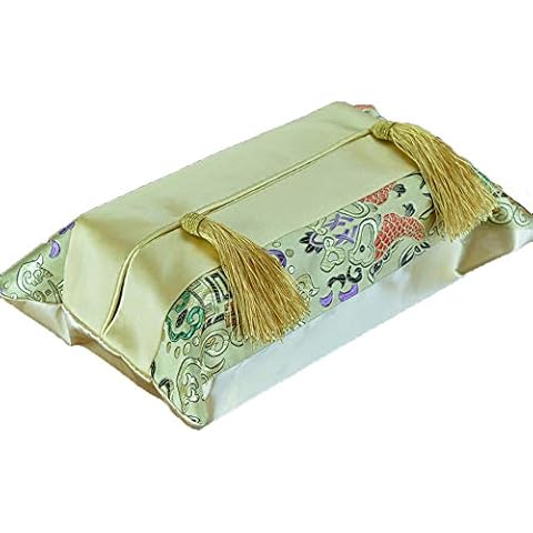 LOLPI Retro Style Cloth Tissue Bag, Chinese Style Brocade Simple Tassel Tissue Box, Household and Car Drawer Tissue Box(14.17x8.66 inch) (lacquered gold) Cover