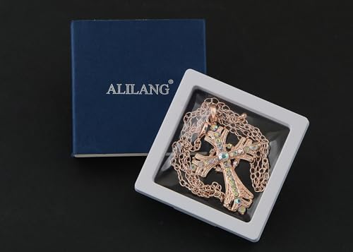 Image of Alilang Silvery Tone Religious Cross Pendant Necklace w /Aquamarine Blue Or Clear Crystal Rhinestones