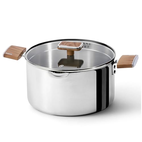 CAROTE 6QT Stainless Steel Stock Pot with Glass Lid Large Soup Pot with Wood-Grain Handles Deep Pot for Soup Pasta & Stew