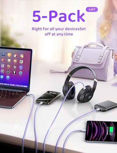 Image of LISEN USB C Cable, 5-Pack [3.3 /3.3 /6.6 /6.6 /10FT] USBC to USBC Cable for iPhone 16e 15 Pro Max Charger Cord, 60W (3.1A) C to C Cable Fast Charging for Samsung S25 /S24 /23, Switch 2, iPad, MacBook,Purple