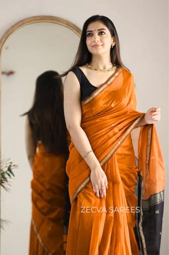 Image of ZECVA Women's Pure Soft Spun Cotton Lichi Silk Saree For Women With Attach Unstitch Blouse Piece