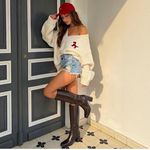 Image of Modatope Knee High Boots Women Chunky Heel Square Toe Fashion Tall Boots | Side Zipper pu Leather Tall Boots,Chunky Heel 70s Gogo Boots,Fashion Heeled Fall Winter Boots,Long Dressy Boots for Women