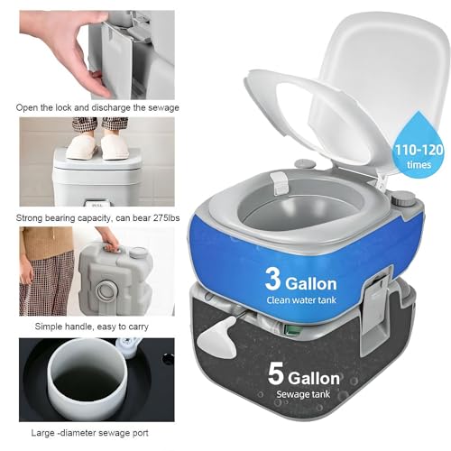 Timoau Portable Toilet 5 Gallon, Outdoor Travel Mobile Flush Toilet, Camping Porta Potty with Detachable Tank, Large Capacity Waste Tank for Car, Boat, Truck, Grey