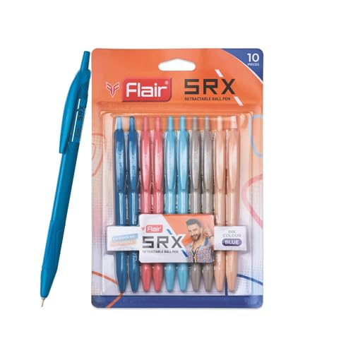 Image of Flair Srx 0.7mm Retractable Ball Pen Blister Pack | Triangular Body Design For Better Grip | Light Weight Refillable | Smooth Writing Experience | Vibrant Solid Body Colours | Blue Ink, Pack of 10 Pen