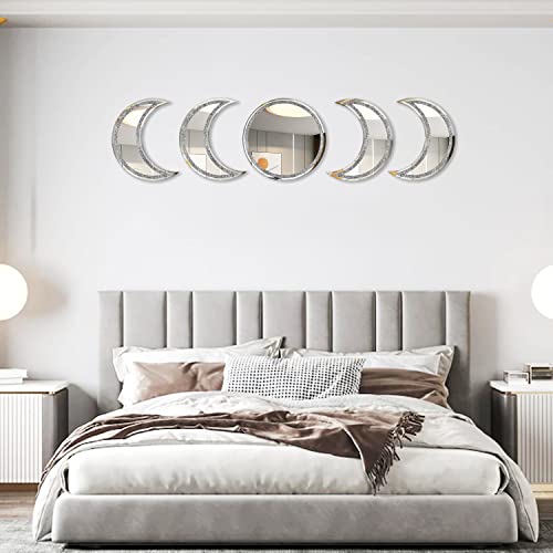 Shyfoy Moon Mirror Set Living Room Decor For Wall, 5-Piece Silver Wall Decor- Real Glass Mirrored Finish, Gliter Frame Decorative Moon Phares Wall Mirrors Bohemian Home Decor #TOP7