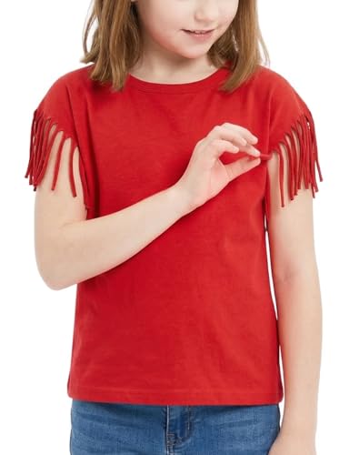 Image of Noomelfish Girls Fringe Sleeve T-Shirts Tassel Casual Summer Tee Tops (5-12 Years)