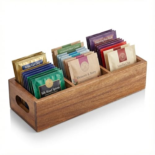 CIRCUIT GREEN Acacia Wood Tea Bag Organizer 3-Compartment Tea Caddy with Removable Dividers & Built-In Handles Solid Acacia Countertop Tea Bag Holder for Home Office & Café