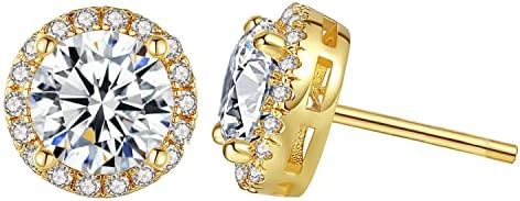 Gold Cubic Zirconia Stud Earrings - 14K Yellow Gold Plated 4 Prong CZ Earrings for Women
