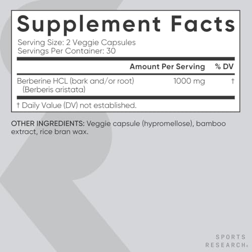 Image of Sports Research Berberine 1000mg, 60 Veggie Capsules | Herbal Ayurvedic Metabolic Health Support | Vegan Certified, Gluten-Free, Non-GMO - 30 Servings