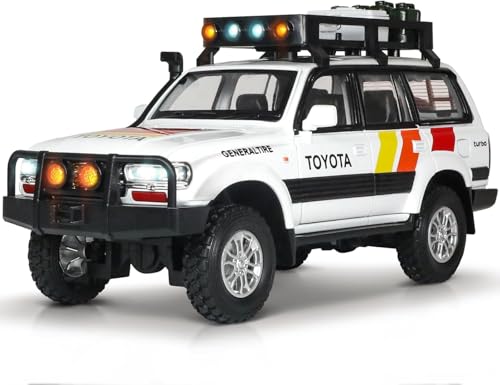 Image of 1:24 Scale Diecast Land Cruiser LC80 Model Car - Metal Pull Back Toy with Opening Doors, Lights & Sounds - Collectible Toy SUV for Boys Age 3-8, Certified Safe Gift for Kids (White)