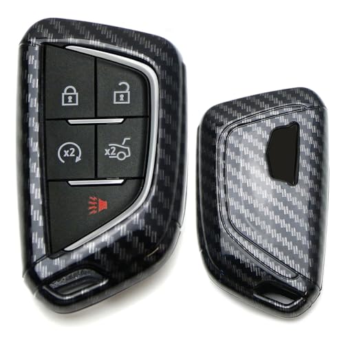 Image of iJDMTOY Gloss Black Carbon Fiber Pattern Exact Fit Key Fob Shell Cover w /Chrome Edging Trim Compatible with 2020-up Cadillac CT5 CT6 XTS XT4 XT5 ATS, etc