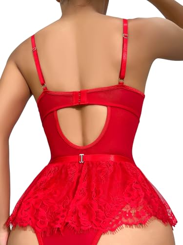 Image of Lilosy Sexy Lingerie Set 3 Piece Women Corset Bodysuit Skirt | Rhinestone Heart Stocking Garter Plus Size Underwire Mesh Sheer Lace Push Up Babydoll Halloween Christmas Valentine's Bridal