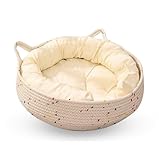 Cat Bed for Indoor Cats – Round Washable Basket with Soft Cushion & Scratchable Sides, Cozy Woven Kitten Bed, 17.7” x 5.9”