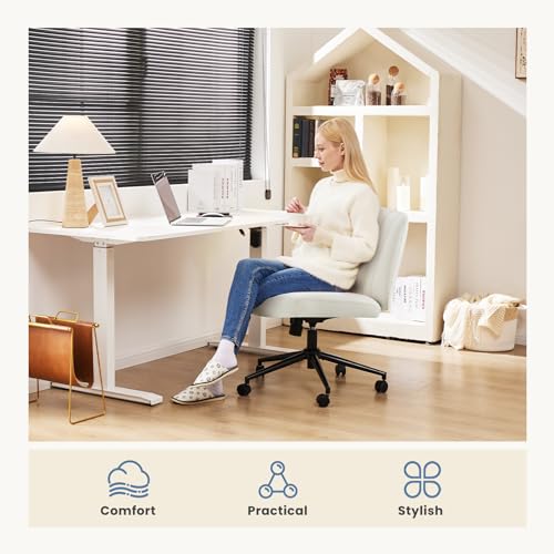 Image of DUMOS Criss Cross Chair with Wheels, Wide Cross Legged Office Desk Vanity Chairs, Faux Leather Armless Adjustable Swivel Chairs for Home Computer Task, Beige