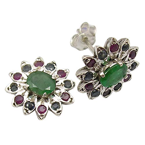 925 Solid Silver Multicolor Faceted Emerald, Ruby & Sapphire Earrings 1.5 cm