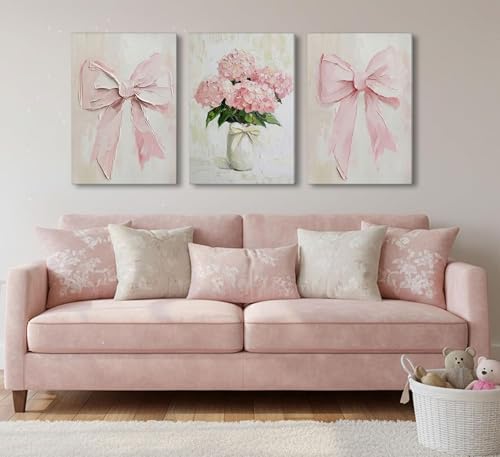 Image of 3Pcs Trendy Pink Bows Canvas Wall Art for College Apartment Bedroom Decor
