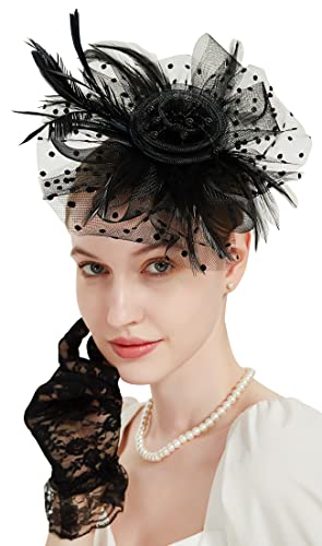 Fascinators for Women Tea Party Headband Kentucky Derby Hats Cocktail Flower Mesh Feathers Headwear Hair Clip for Wedding Black - Thumbnail 5