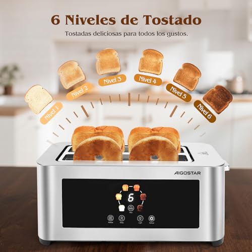 Aigostar Tostadora de 4 Rebanadas, Pantalla Táctil LED, Doble Ranura Larga y Extra Ancha de 4 cm, 6 Niveles de Tostado, Funciones de Recalentar, Descongelar y Parada, Acero Inoxidable, 1400W - imagen 4