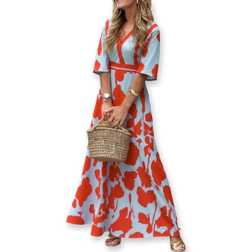 XNC Women's Summer Boho Floral V Neck Satin Wedding Guest Maxi Dresses
