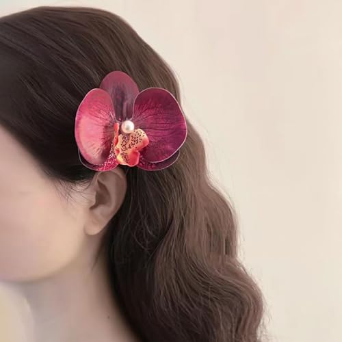 TseenYi Pinces à cheveux fleur d'orchidée Pinces à cheveux orchidée rouge Grand tissu Floral Clip Papillon Orchidée Floral Épingle à cheveux Perle...