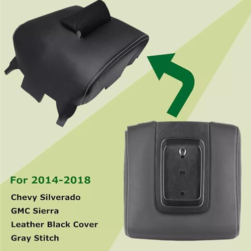FZJDSD Black Leather Auto Center Console Leather Lid Replacement Armrest CoverCompatible with Chevy Silverado 2014-2018 Compatible with GMC Sierra 2014 2015 2016 2017 2018 Anti-Scratch/Gray Stitch - Thumbnail 2