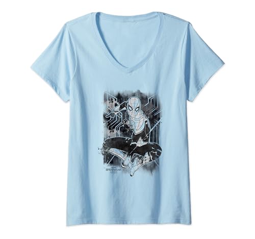 T-shirt Spider-Man Marvel pour femme col en V avec imprimé affiche effet encre noir
