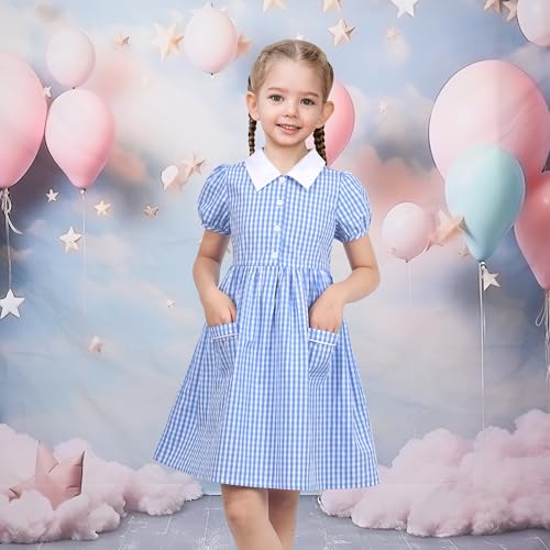 Sunny Fashion Girls Dress Beige Short Sleeve Collar Button Front School Uniform2
