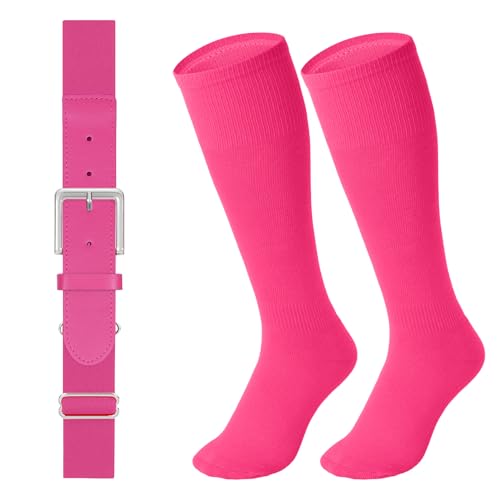 LEACOOLKEY Baseball Belt and Socks Combo Set Softball Socks and Elastic Belt for Youth Boys Girls Pink