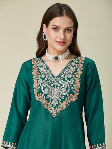 Image of MOKOSH Women's Silk Embroidered Anarkali Kurta Pant & Dupatta | Anarkali Kurta Set |Embroidered | V Neck 3 /4 Sleeve Ethnic Suit |3 Piece Outfit | Floral 3 Colour Options Available