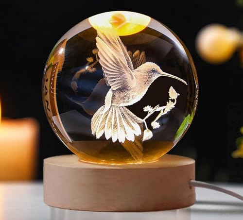 Image of STARKENDY 3D Humming Bird Crystal Ball LED Night Lamp, Creative Engraved Night Light Wooden Base, Warm White Decorative Table Lamp for Home, Office, Bedroom, Birthday Gift