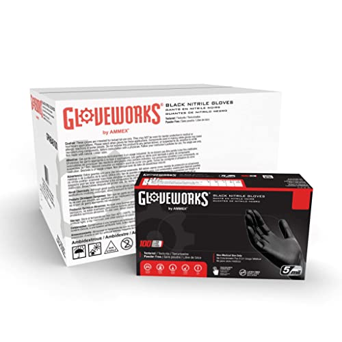 GLOVEWORKS HD Black Nitrile Industrial Disposable Gloves, 6 Mil, Latex-Free, Raised Diamond Texture, Large, Case of 1000