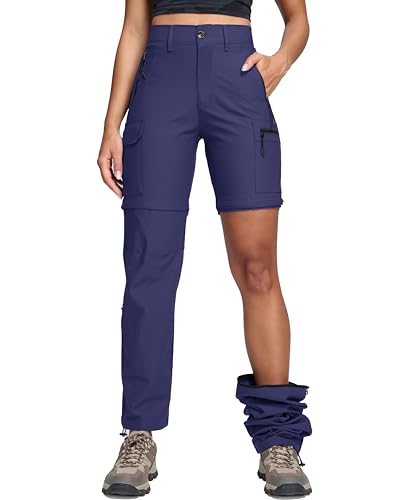 Oalka Women's Cargo Convertible Hiking Pants Zip Off Pockets Blue XL